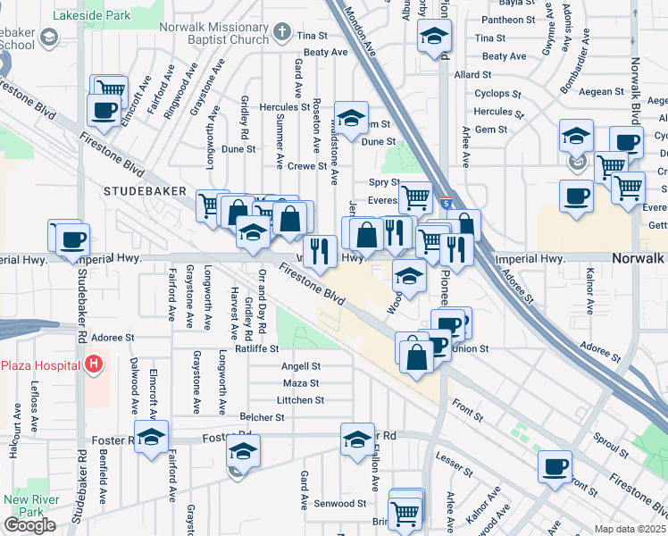 map of restaurants, bars, coffee shops, grocery stores, and more near 11505 Firestone Boulevard in Norwalk