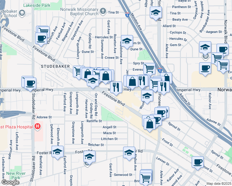 map of restaurants, bars, coffee shops, grocery stores, and more near 11505 Firestone Boulevard in Norwalk
