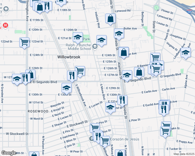 map of restaurants, bars, coffee shops, grocery stores, and more near 12716 South Mona Boulevard in Compton
