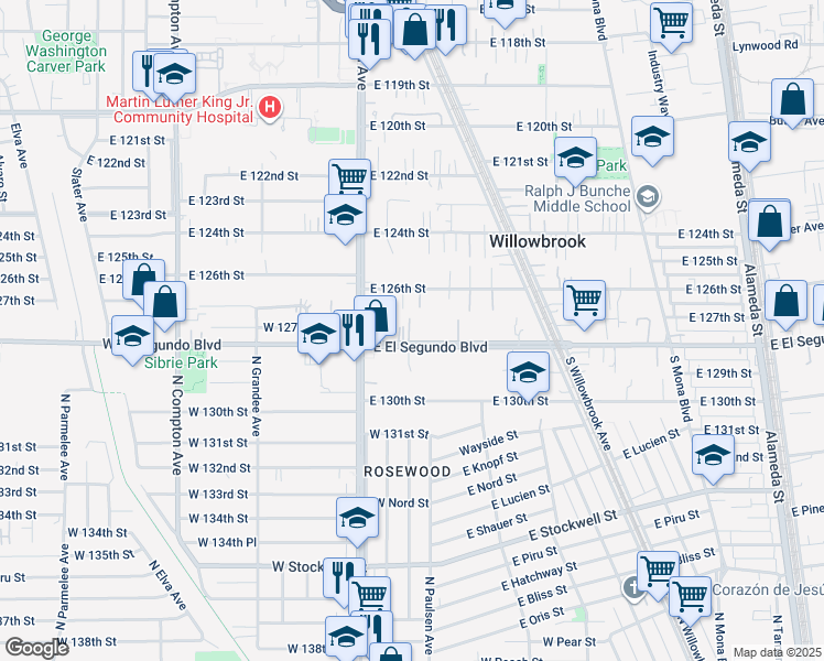 map of restaurants, bars, coffee shops, grocery stores, and more near 1941 East El Segundo Boulevard in Compton