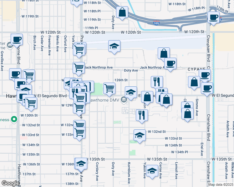 map of restaurants, bars, coffee shops, grocery stores, and more near in Hawthorne