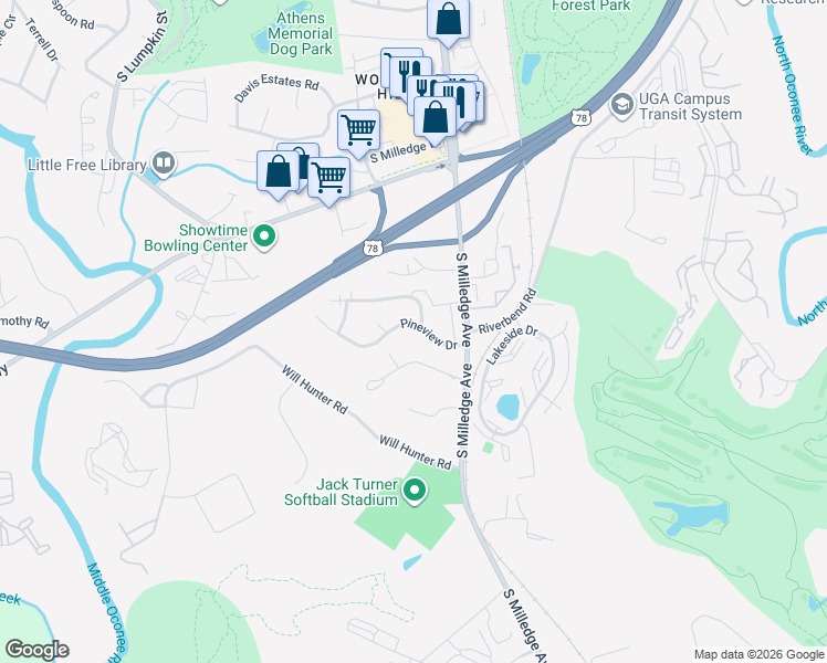 map of restaurants, bars, coffee shops, grocery stores, and more near 170 Pineview Court in Athens