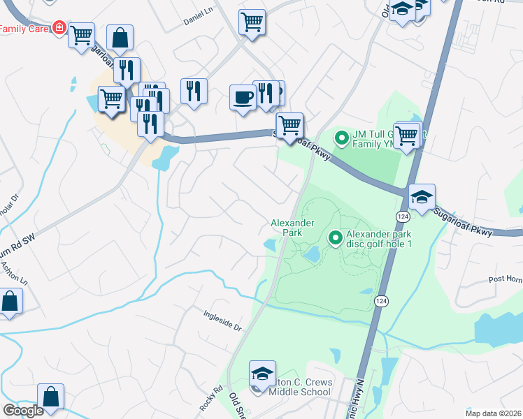 map of restaurants, bars, coffee shops, grocery stores, and more near 1220 Downyshire Drive in Lawrenceville