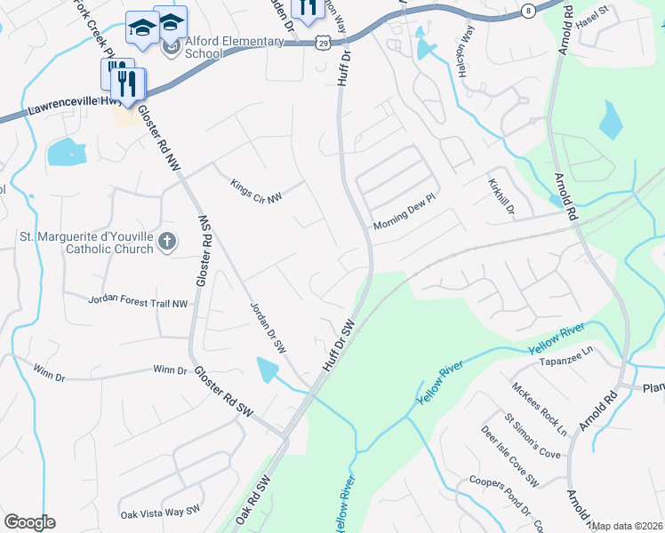 map of restaurants, bars, coffee shops, grocery stores, and more near 107 Gloster Mill Way in Lawrenceville