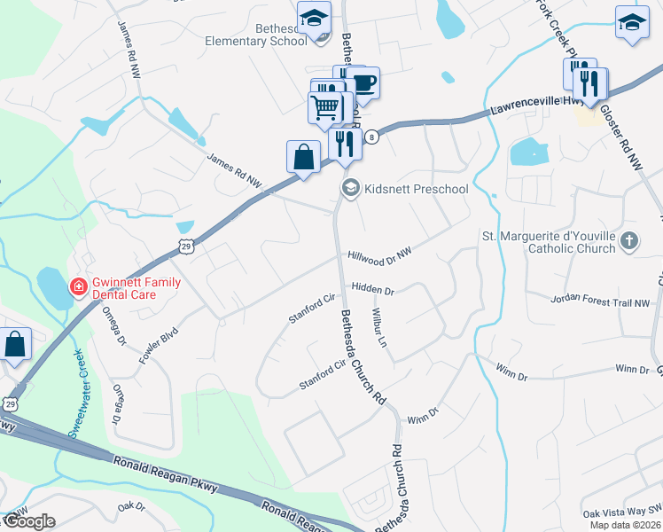 map of restaurants, bars, coffee shops, grocery stores, and more near 3102 Hamilton Road Northwest in Lawrenceville