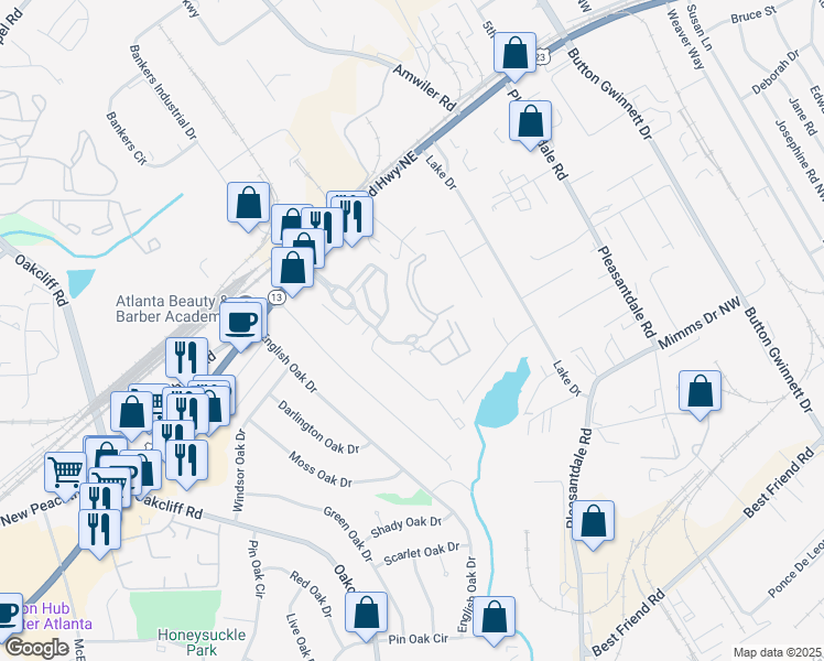 map of restaurants, bars, coffee shops, grocery stores, and more near 2300 Global Forum Boulevard in Atlanta