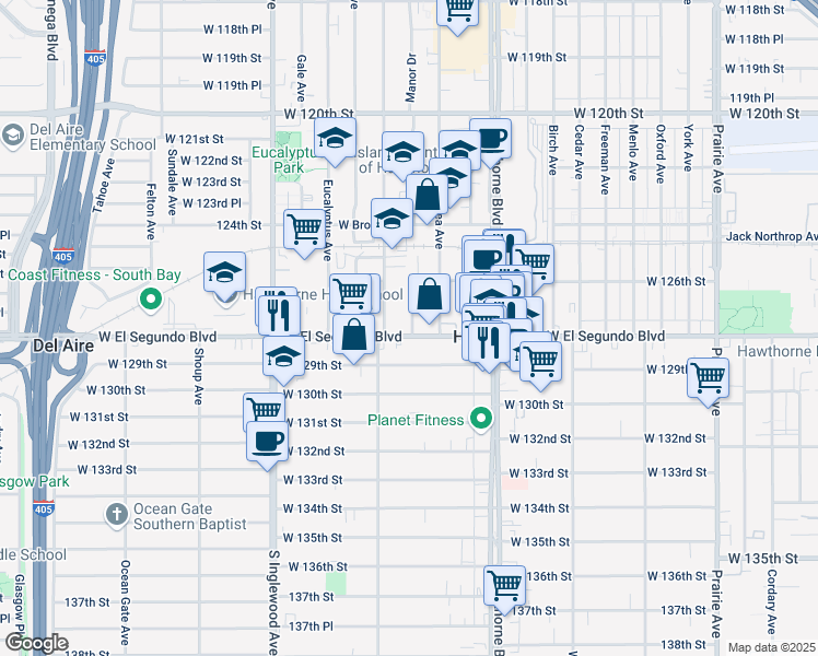 map of restaurants, bars, coffee shops, grocery stores, and more near 4549 West El Segundo Boulevard in Hawthorne