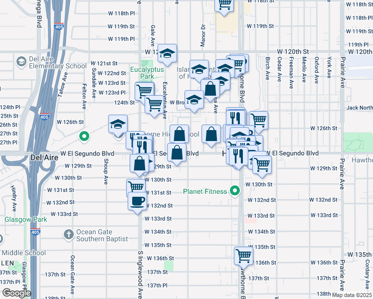map of restaurants, bars, coffee shops, grocery stores, and more near 12721 Ramona Avenue in Hawthorne