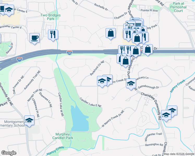 map of restaurants, bars, coffee shops, grocery stores, and more near 4170 Triple Creek Court Northeast in Atlanta