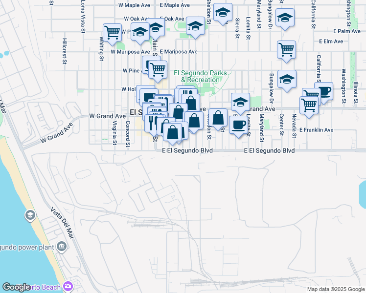map of restaurants, bars, coffee shops, grocery stores, and more near 110 Eucalyptus Drive in El Segundo