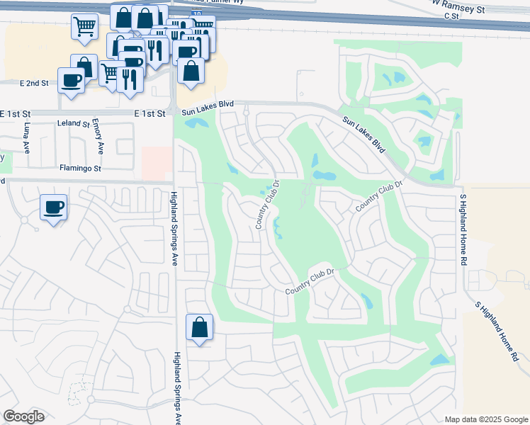 map of restaurants, bars, coffee shops, grocery stores, and more near 945 Laguna Seca Court in Banning
