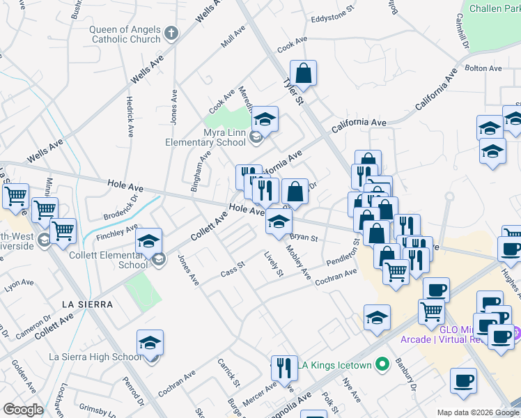 map of restaurants, bars, coffee shops, grocery stores, and more near 10501 Hole Avenue in Riverside