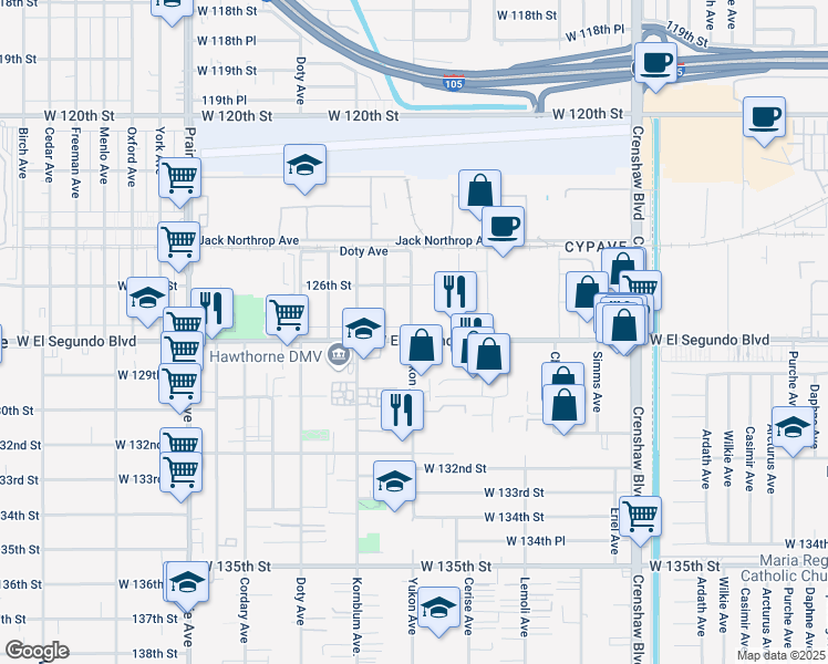 map of restaurants, bars, coffee shops, grocery stores, and more near 3547 West El Segundo Boulevard in Hawthorne