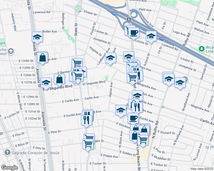map of restaurants, bars, coffee shops, grocery stores, and more near 12309 Alpine Avenue in Lynwood