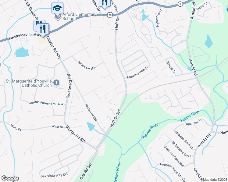 map of restaurants, bars, coffee shops, grocery stores, and more near 107 Gloster Mill Way in Lawrenceville