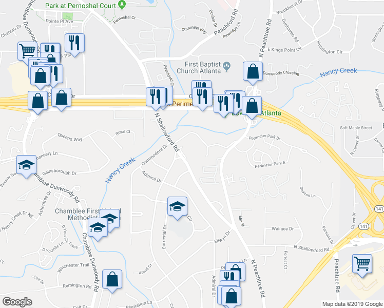 map of restaurants, bars, coffee shops, grocery stores, and more near 4211 North Shallowford Road in Chamblee