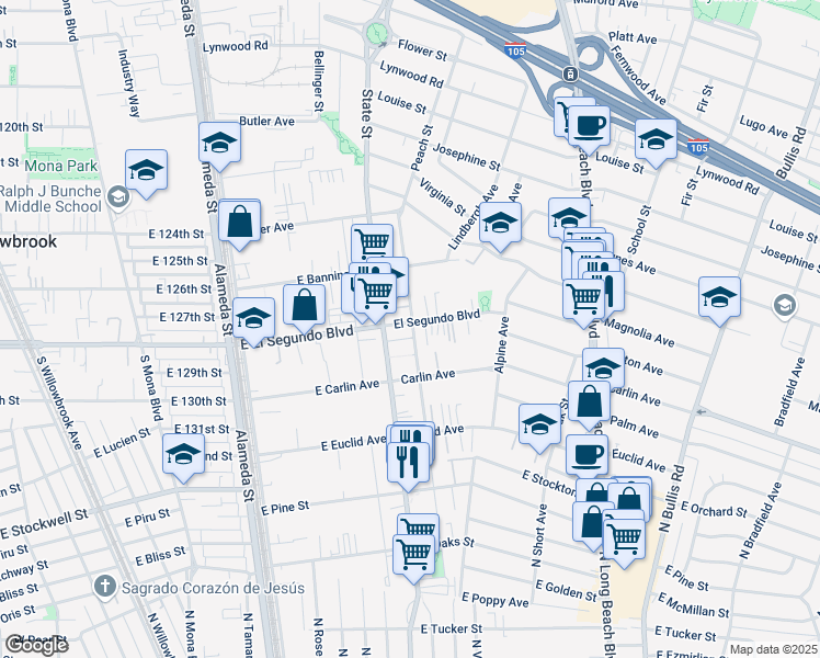 map of restaurants, bars, coffee shops, grocery stores, and more near 12201 Peach Street in Lynwood