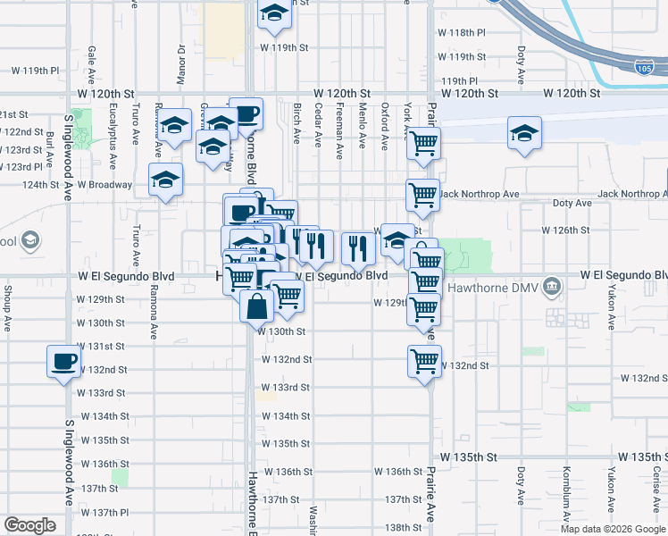 map of restaurants, bars, coffee shops, grocery stores, and more near 4207 West El Segundo Boulevard in Hawthorne
