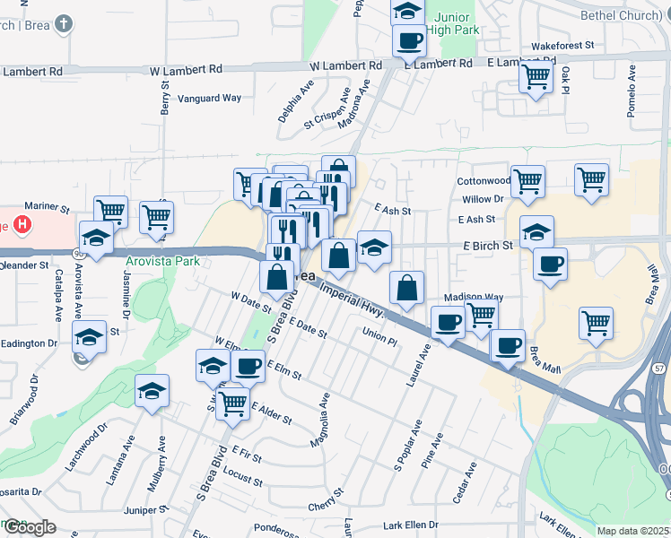 map of restaurants, bars, coffee shops, grocery stores, and more near 230 South Orange Avenue in Brea