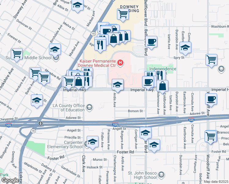 map of restaurants, bars, coffee shops, grocery stores, and more near in Downey