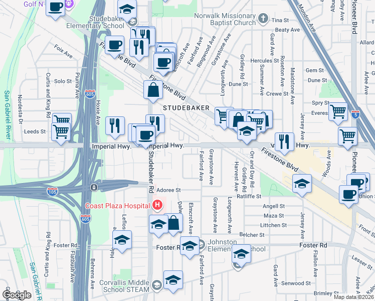 map of restaurants, bars, coffee shops, grocery stores, and more near 12701 Dalwood Avenue in Norwalk