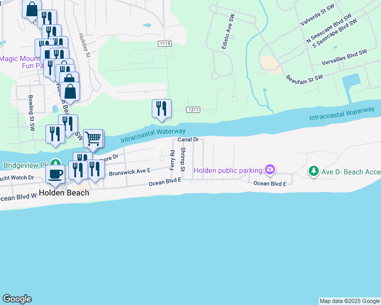 map of restaurants, bars, coffee shops, grocery stores, and more near 123 Crab Street in Holden Beach