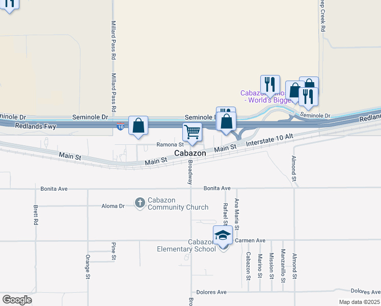 map of restaurants, bars, coffee shops, grocery stores, and more near in Cabazon