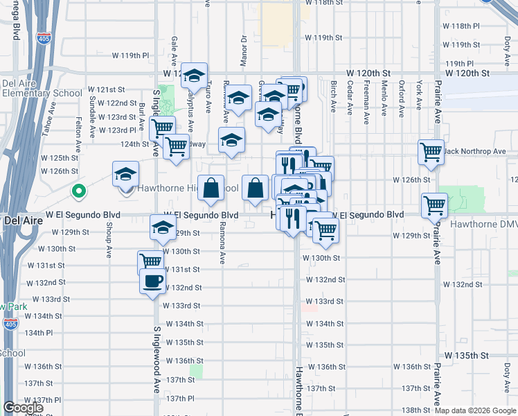 map of restaurants, bars, coffee shops, grocery stores, and more near 12720 Azure Way in Hawthorne