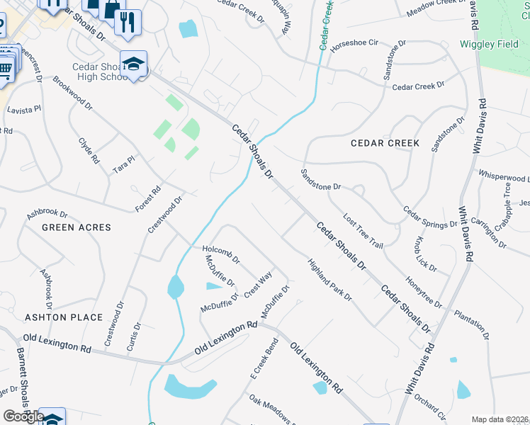 map of restaurants, bars, coffee shops, grocery stores, and more near 122 Highland Park Drive in Athens