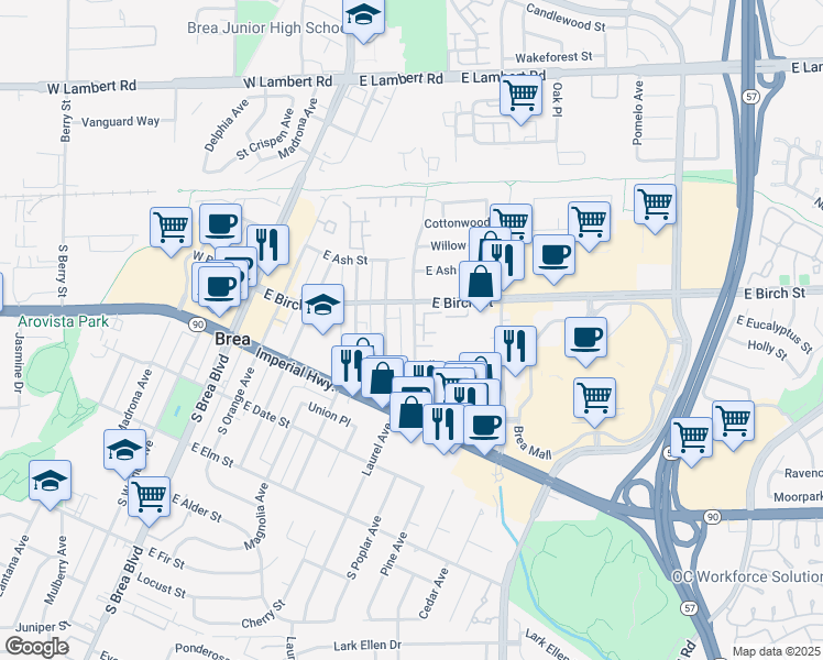 map of restaurants, bars, coffee shops, grocery stores, and more near 189 South Poplar Avenue in Brea