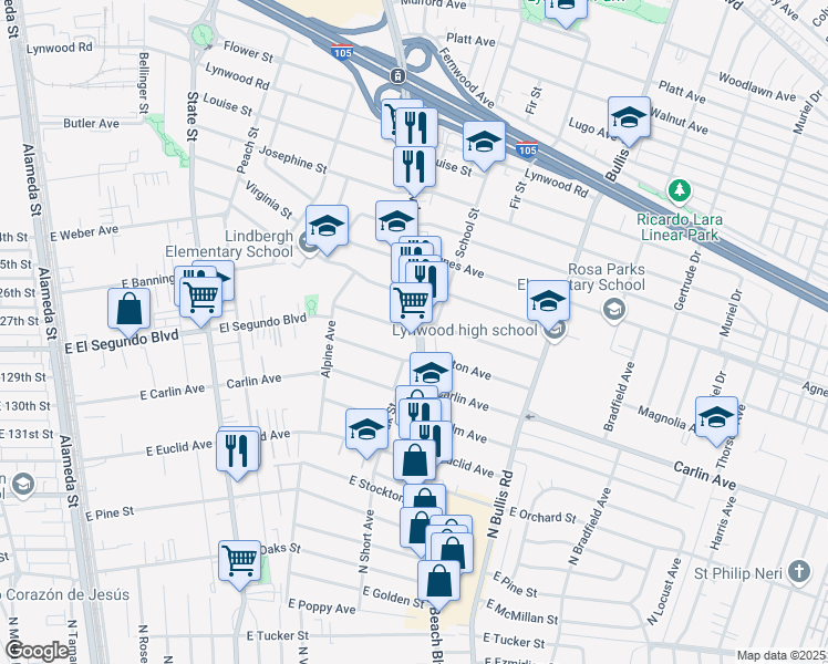 map of restaurants, bars, coffee shops, grocery stores, and more near 12212 Long Beach Boulevard in Lynwood