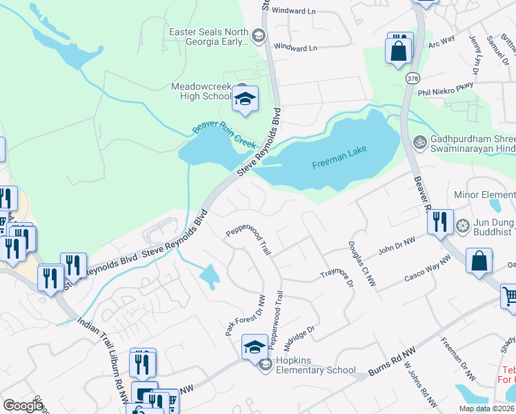map of restaurants, bars, coffee shops, grocery stores, and more near 4705 Freeman Lake Court in Norcross