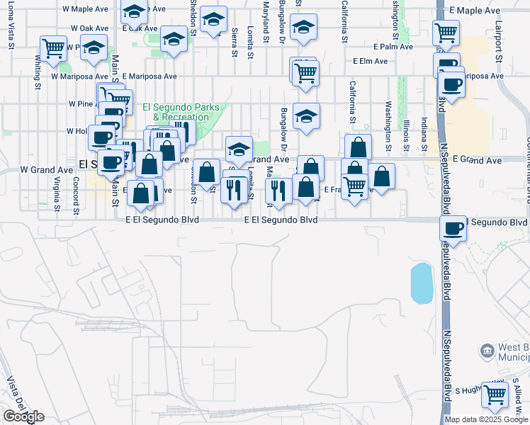 map of restaurants, bars, coffee shops, grocery stores, and more near 111 Maryland Street in El Segundo