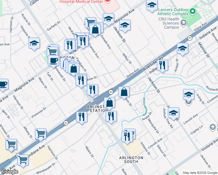 map of restaurants, bars, coffee shops, grocery stores, and more near 9354 Martha Way in Riverside