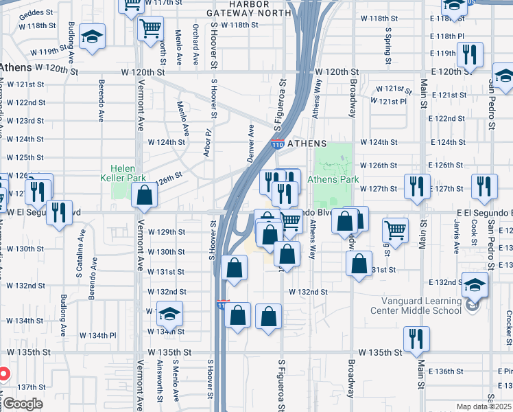 map of restaurants, bars, coffee shops, grocery stores, and more near 535-611 West El Segundo Boulevard in Gardena