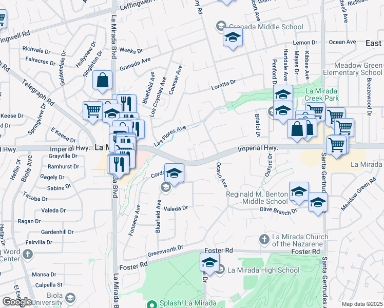 map of restaurants, bars, coffee shops, grocery stores, and more near 15229 Imperial Highway in La Mirada