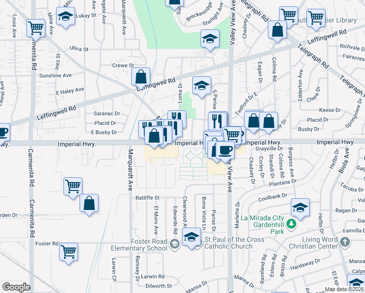 map of restaurants, bars, coffee shops, grocery stores, and more near 12615 Lake Park Way in La Mirada