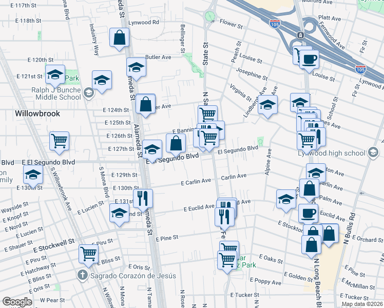 map of restaurants, bars, coffee shops, grocery stores, and more near 520 East El Segundo Boulevard in Compton