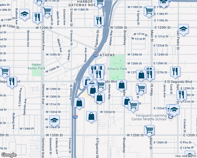 map of restaurants, bars, coffee shops, grocery stores, and more near 12738 South Figueroa Street in Los Angeles