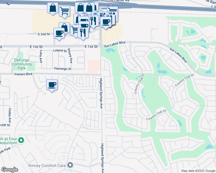 map of restaurants, bars, coffee shops, grocery stores, and more near 6353 Colonial Avenue in Banning