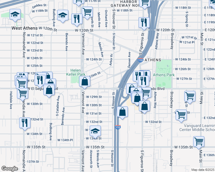 map of restaurants, bars, coffee shops, grocery stores, and more near 721 West El Segundo Boulevard in Gardena