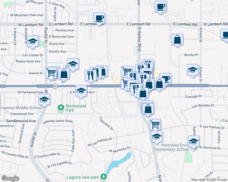 map of restaurants, bars, coffee shops, grocery stores, and more near 871 Berkshire Lane in La Habra