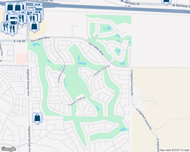 map of restaurants, bars, coffee shops, grocery stores, and more near 921 Oakland Hills Drive in Banning