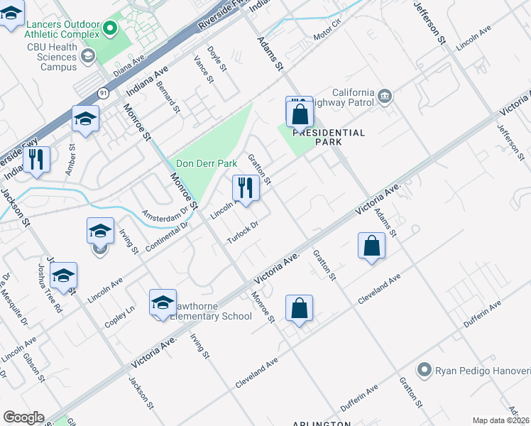 map of restaurants, bars, coffee shops, grocery stores, and more near 2826 Sulky Court in Riverside
