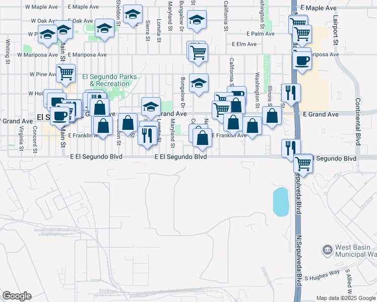 map of restaurants, bars, coffee shops, grocery stores, and more near 1017 Bungalow Drive in El Segundo