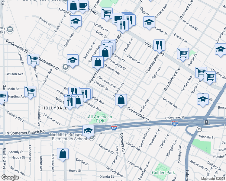map of restaurants, bars, coffee shops, grocery stores, and more near 8139 Priscilla Street in Downey
