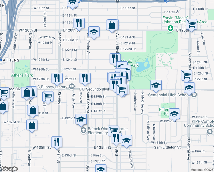 map of restaurants, bars, coffee shops, grocery stores, and more near 2 East El Segundo Boulevard in Los Angeles