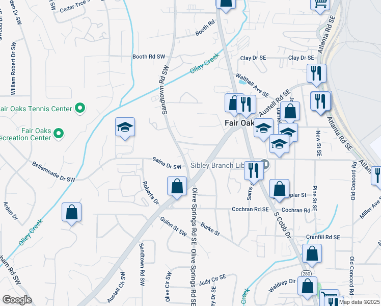 map of restaurants, bars, coffee shops, grocery stores, and more near 1513 Burberry Alley in Marietta