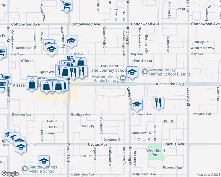 map of restaurants, bars, coffee shops, grocery stores, and more near 25311 Alessandro Boulevard in Moreno Valley