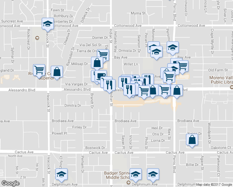 map of restaurants, bars, coffee shops, grocery stores, and more near 24549 Alessandro Boulevard in Moreno Valley
